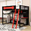 Lit mezzanine double en bois avec bureau, lumières DEL, ports USB et panneau perforé-366312128