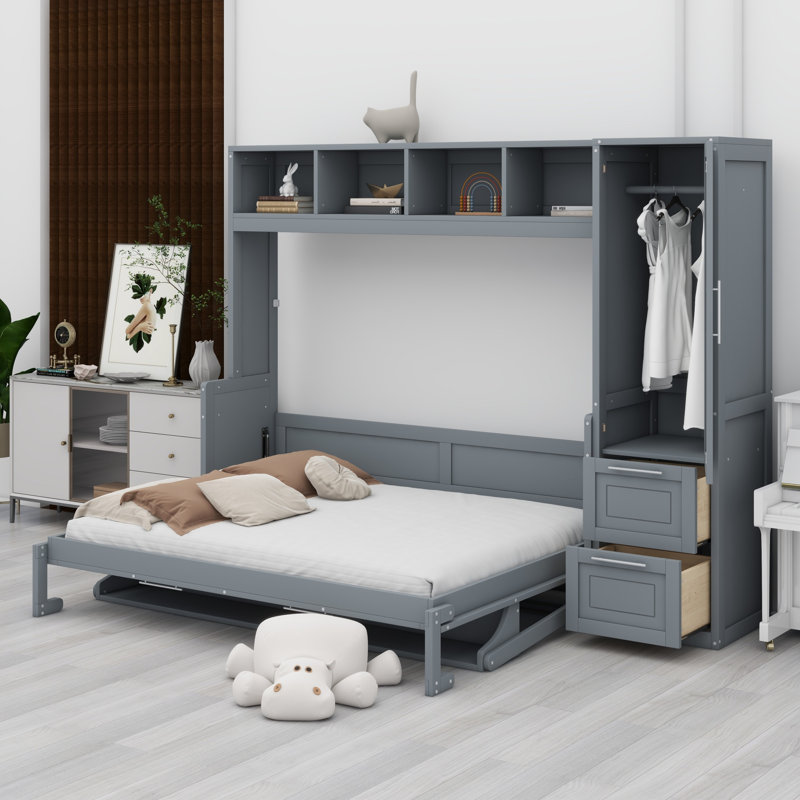 Lit escamotable Murphy avec placard et tiroirs, gris