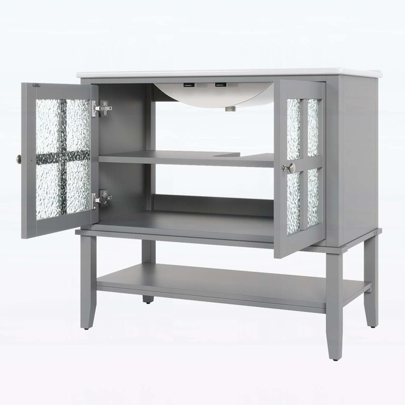 Meuble-lavabo 36 po avec lavabo en céramique, tablettes réglables et ouvertes, pieds en bois, finition imperméable, charnières à fermeture en douceur