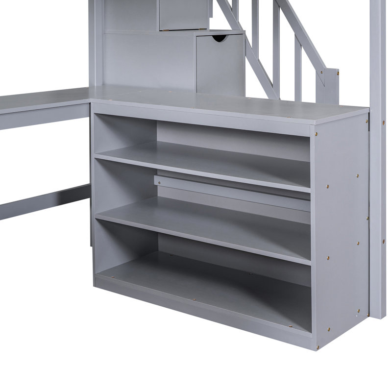 Lit mezzanine double de couleur grise avec bureau intégré et tablettes - étagère de lit fonctionnelle avec escalier de rangement et solution de rangement