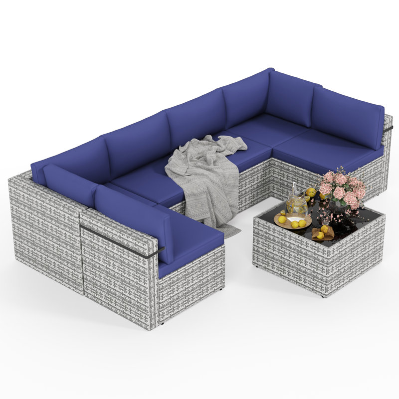 Ensemble de conversation modulaire en rotin 7 pièces avec coussins Arwynn, bleu, Grey