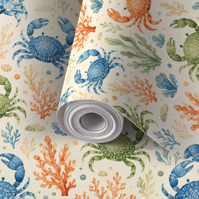 Peel and Stick Wallpaper Contact Paper sea blue crabs corals watercolor painted nautical style Self Adhesive and Removable 24in x 118in(60x300cm)