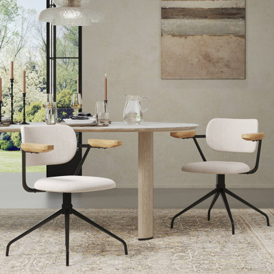 Modern Upholstered Swivel Chair With Solid Wood Arms And Metal Frame