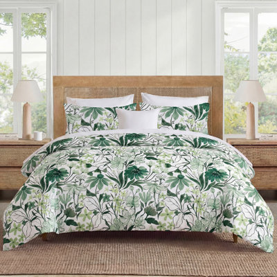 Green Floral Duvet Cover King Size, 100% Cotton Duvet Cover Set with Zipper Closure & Corner Ties, Soft Breathable Line Art Botanical Duvet Cover Set for All Seasons