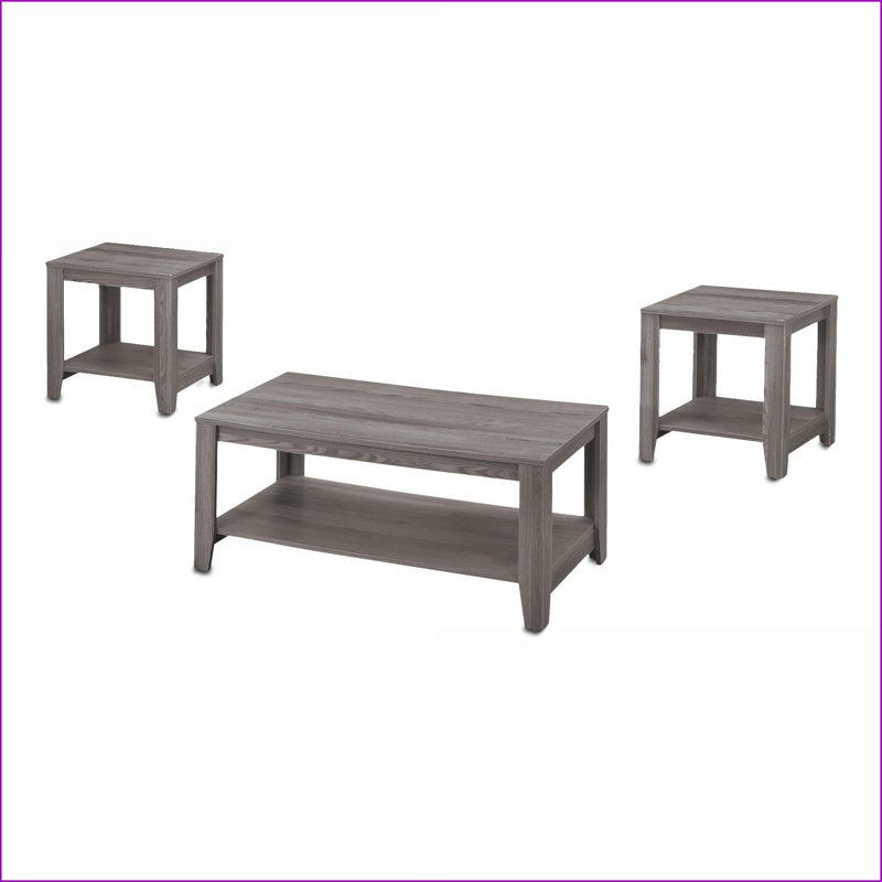 Ensemble de tables basses 3 pièces à aspect bois gris pour le salon, avec canapé et rangement supplémentaire