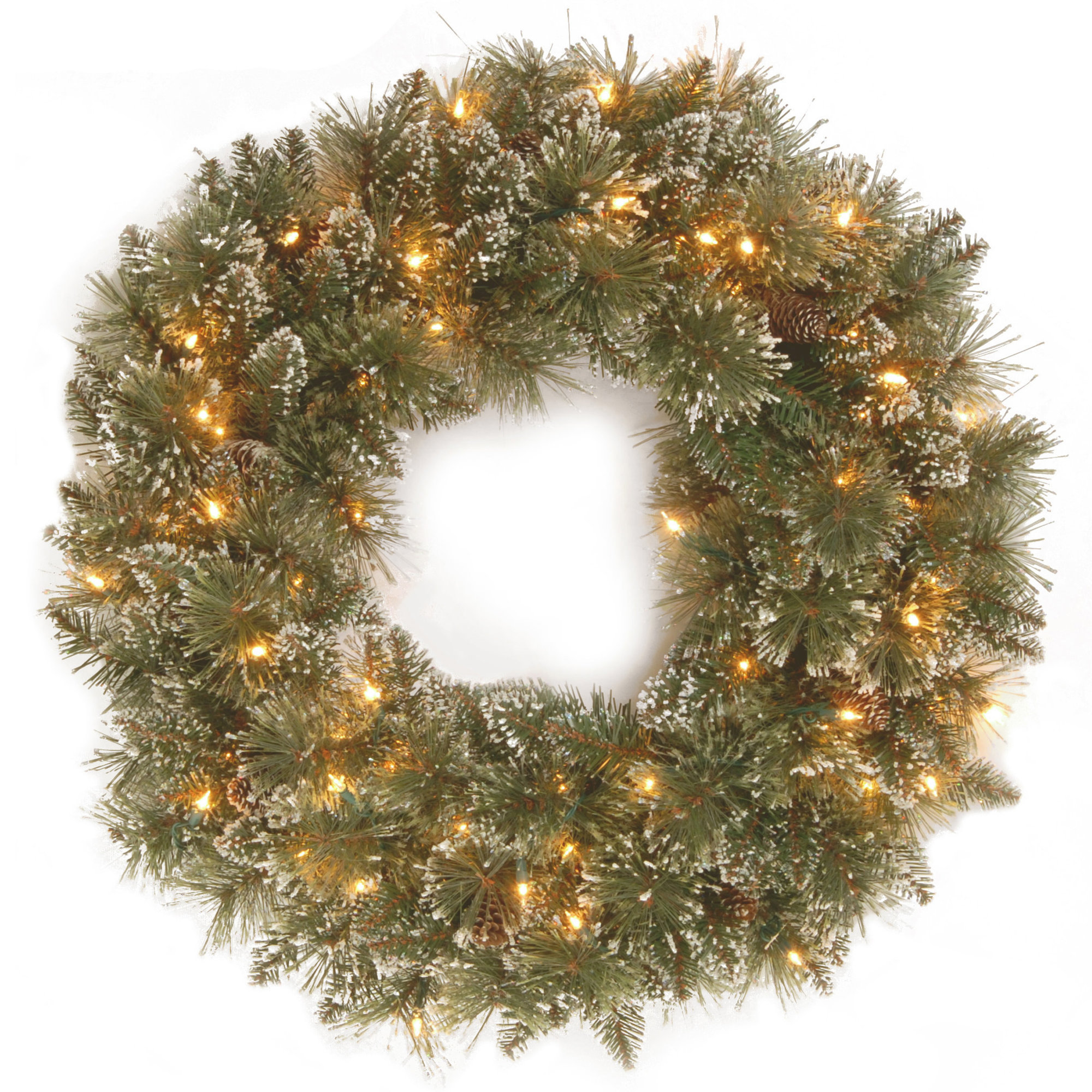 The Holiday Aisle® Glittery Bristle Pine Wreath with Clear Lights, 30" x 30" W x 5"D