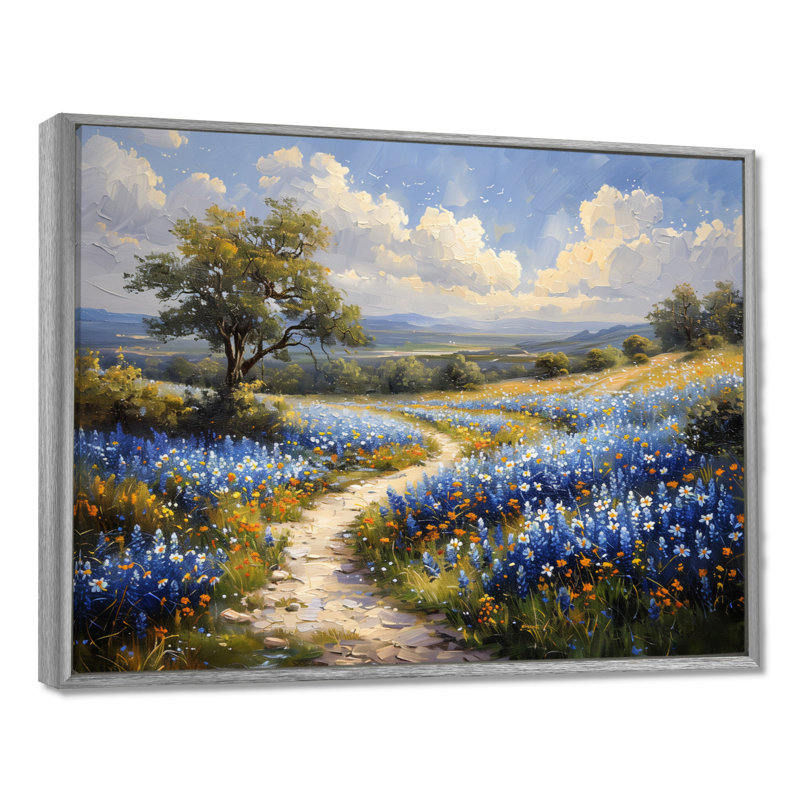 «Blue Green Summer Meadow Charm Blue Bonnets III - Blue Bonnets», reproduction d'art, Toile argentée avec cadre flottant
