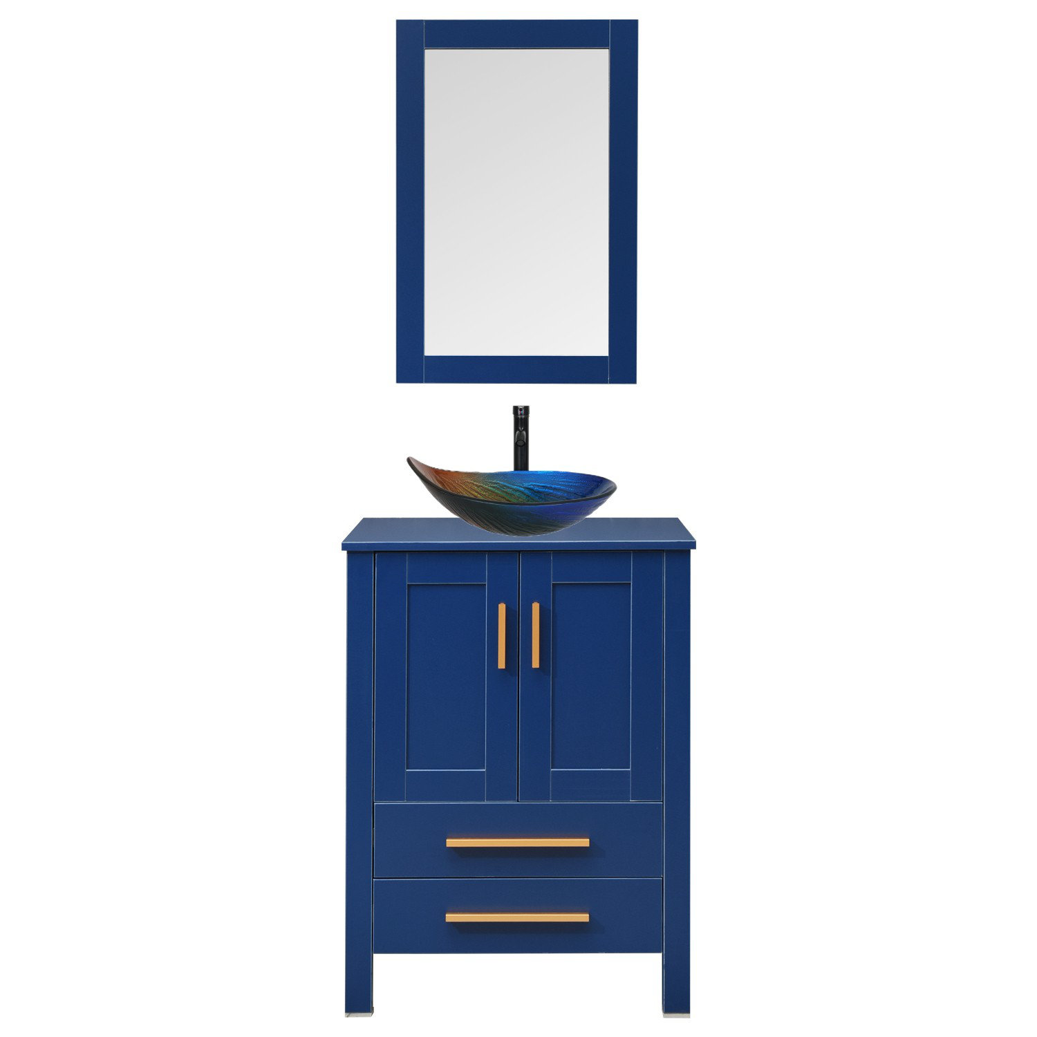 Wonline 60 inch Black Round Double Vessel Sink Vanity Cabinet Tempered Glass Top w/ Mirror, Size: 24.4, Blue