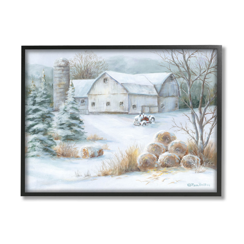 Niveous Country Barn Snow Scène, estampe numérique par Pam Britton, H 11 po x l 14 po x P 1,5 po, Cadre noir