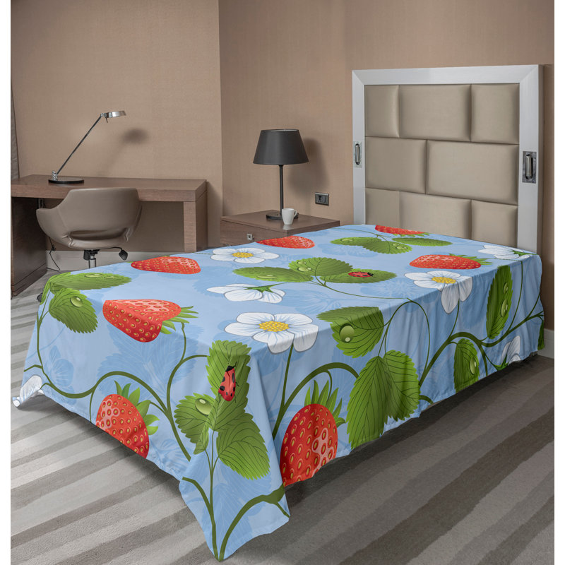 Ambesonne Top Flat Sheet Curving Art, Twin Flat Sheet, Blue Green Red Floral