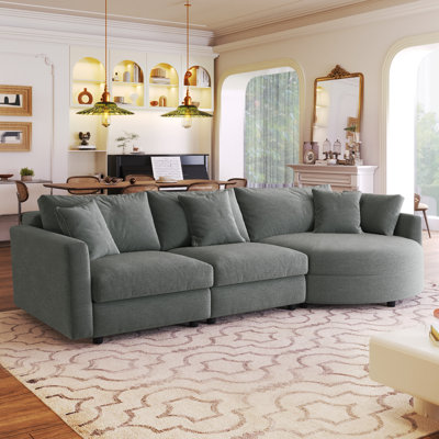 Chenille Fabric 3-Piece Sectional Sofa with Curved Chaise and 3 Throw Pillows
