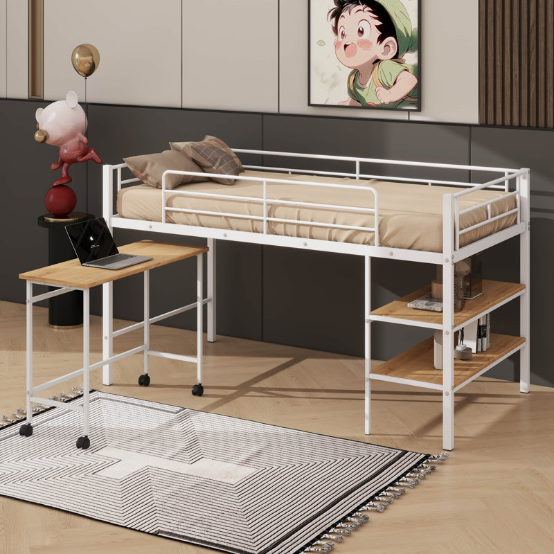 Élégant lit mezzanine simple en métal avec bureau pratique et tablettes, Blanc