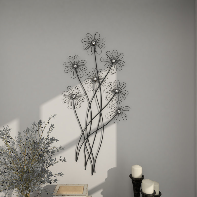 Black Metal Floral 3D Wire Home Wall Decor with Crystal Embellishments, 40" x 19" x 1"
