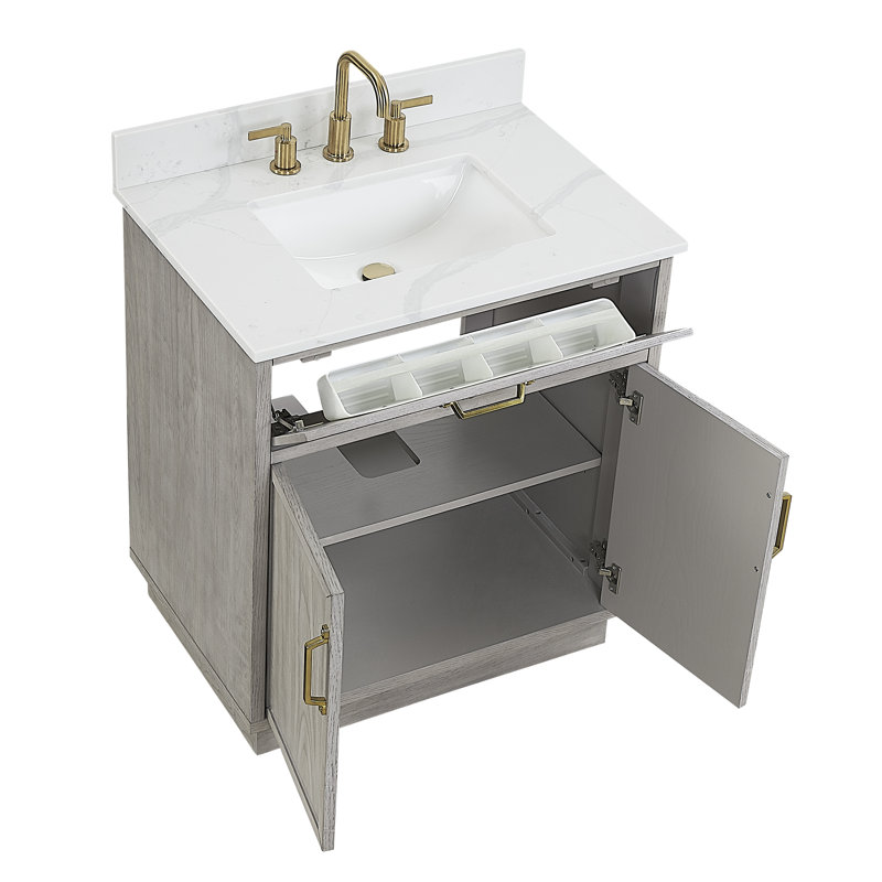 Meuble-lavabo simple 30 po avec plateau en quartz Calacatta de Denton, pré-assemblé