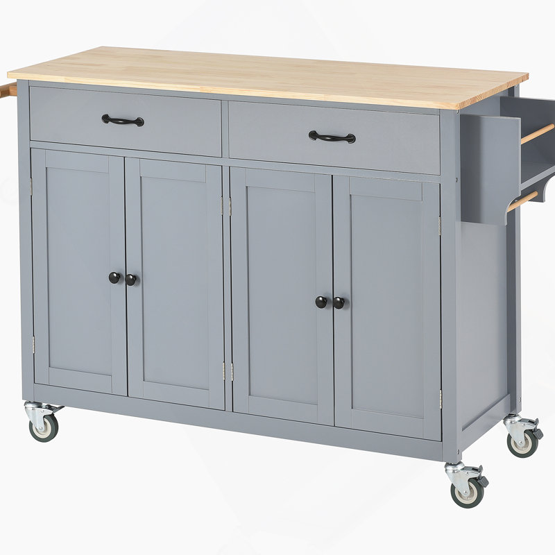 Kitchen Island Cart With Solid Wood Top And Locking Wheels, 4 Door Cabinet And Drawers, Blue