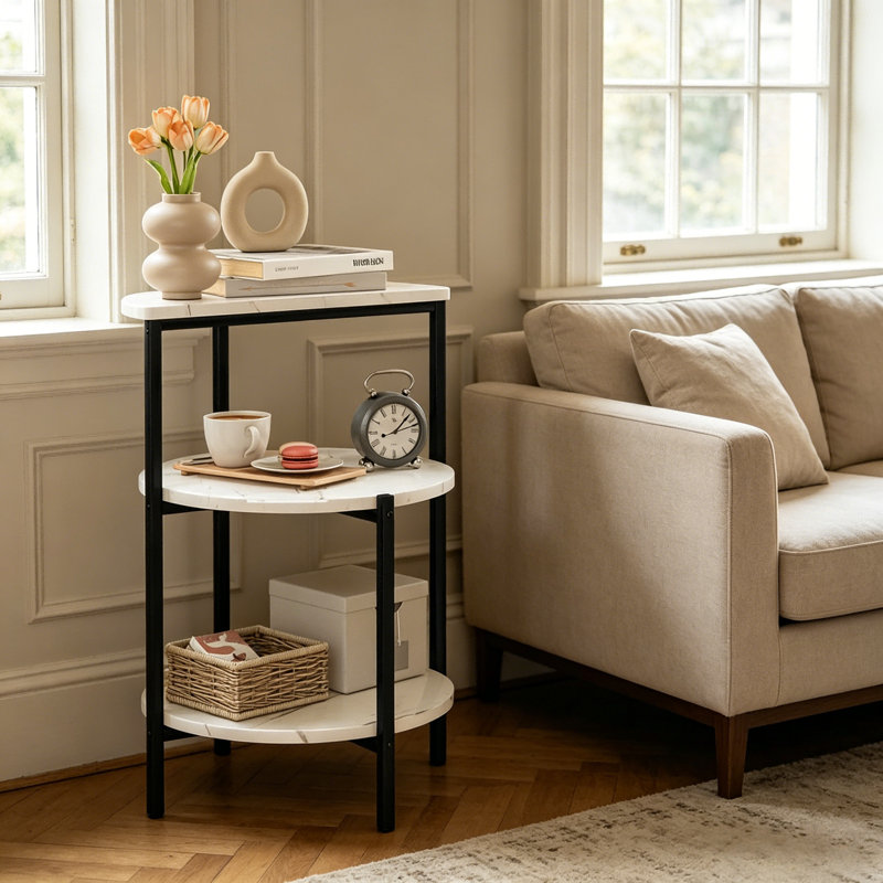 Ensemble de 2 tables de bout en faux marbre à trois niveaux, demi-lune et table d'appoint en forme d'éventail avec structure en métal, table de chevet à 3 tablettes