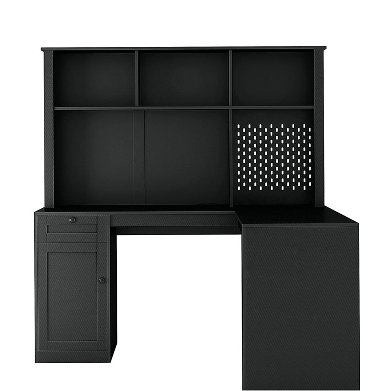 Bureau en L avec chargeur, bureau d'ordinateur avec tiroirs, bibliothèque, bureau d'angle moderne, bureau à domicile, bureau d'écriture en L, bureau d'ordinateur en fibre de carbone avec rangement, noir
