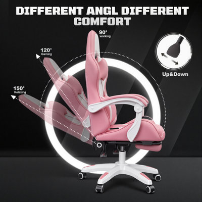 Fauteuil de jeu ergonomique en similicuir rose et blanc avec repose-pieds rétractable pour fille