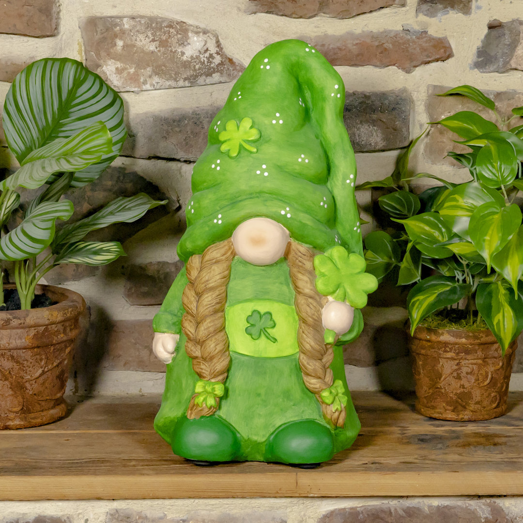 St. Patrick's Day Garden Gnome with Braids Holding Three Leaf Clover "The Shamrocks" The Holiday Aisle®