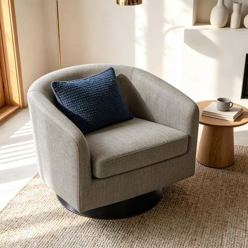 Applewold Swivel Barrel Chair with Solid Wood Frame, Khaki Fabric