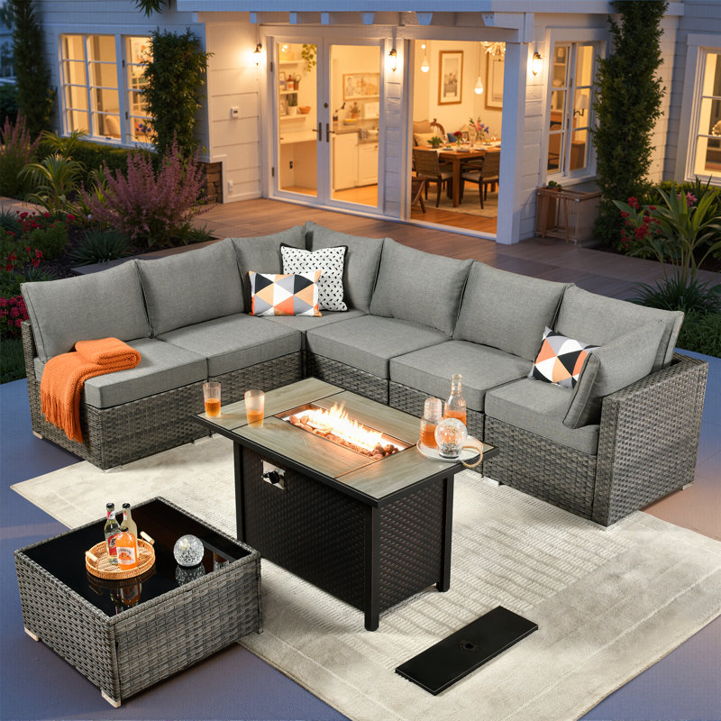 6 - Person Outdoor Patio Wicker L-Shaped Sectional Sofa Set with Fire Pit Table, Gray Rattan Furniture with  Cushions, Outdoor Conversation Set for Garden/Backyard