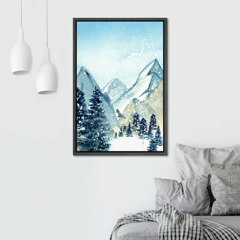 Paysage de forêt boisée «Winter Snow Pastel Watercolor Mountain» sur, H 36 po x l 24 po, Cadre flottant noir