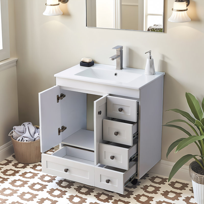 30'' White Modern Free-Standing Single Bathroom Vanity Set, White/Black