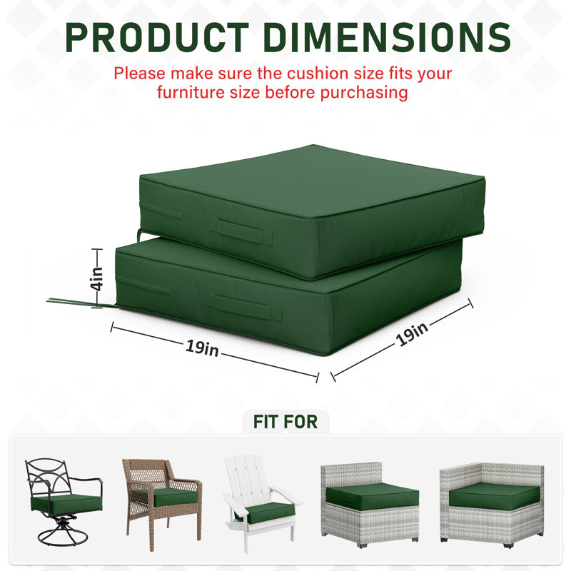 Coussins de siège d'extérieur (ensemble de 2), L 19 po x P 19 po, 4 pouces, Vert