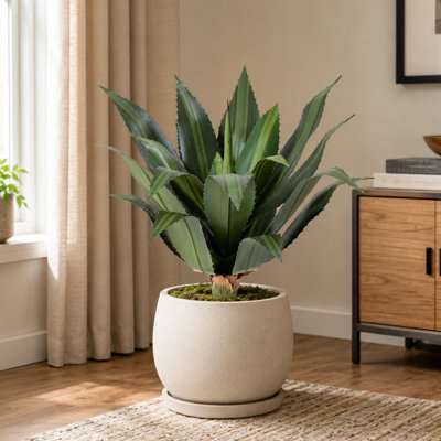 Soucoupe décorative en jade artificielle de 18 po (édition à rayures bleues), plante succulente réaliste à larges feuilles / à feuilles étroites / à pointe hérissée, agave résistante aux intempéries résistante aux rayons UV, convient à la décoration de jardin sur la terrasse extérieure (ensemble de 2)