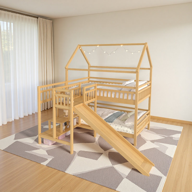House-Shaped Bunk Bed With Slide,Playhouse Bed With Storage Stairs,Two Placement Methods ,Noise-Free Design, Natural