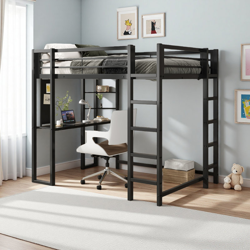 Loft Bed With Desk, Loft Bed Frame With Desk And Storage Compatible With Teens, Bedroom Bed Frame, Full