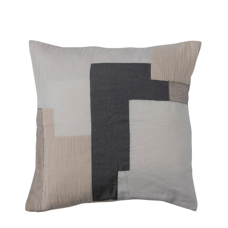 Patchwork Geometric Embroidered Cotton Throw Pillow Cover, 20" x 20"
