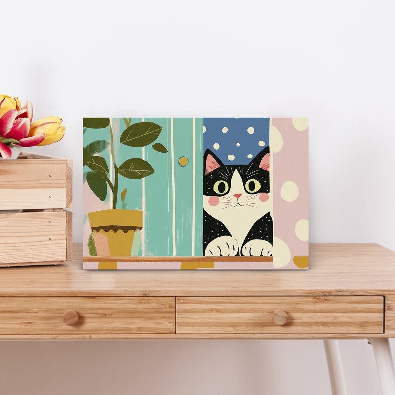 Curious Cat Peeking Playful Whimsical Contemporary Cat Plant Wall Art Print by Mathieu - Wrapped Canvas Print