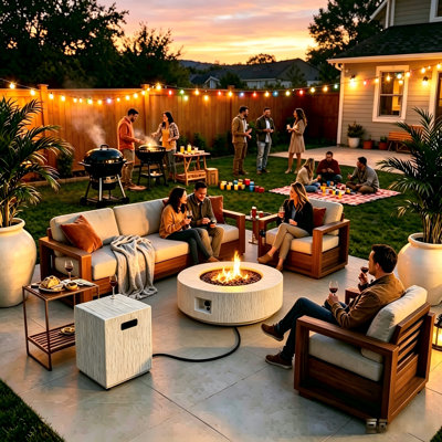 Romance Blaze Modern 50000 BTU Round Propane Outdoor Fire Pit Table With Propane Tank Cover,Gray