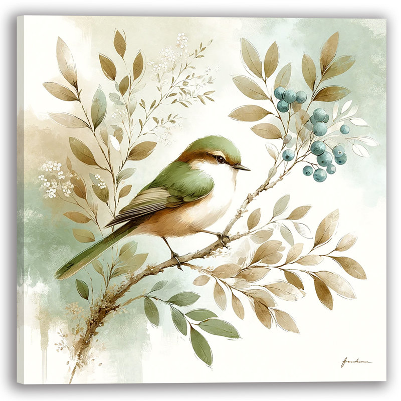 «Green Bird and Berries», art mural sur toile, H 12 po x l 12 po x P 1 po