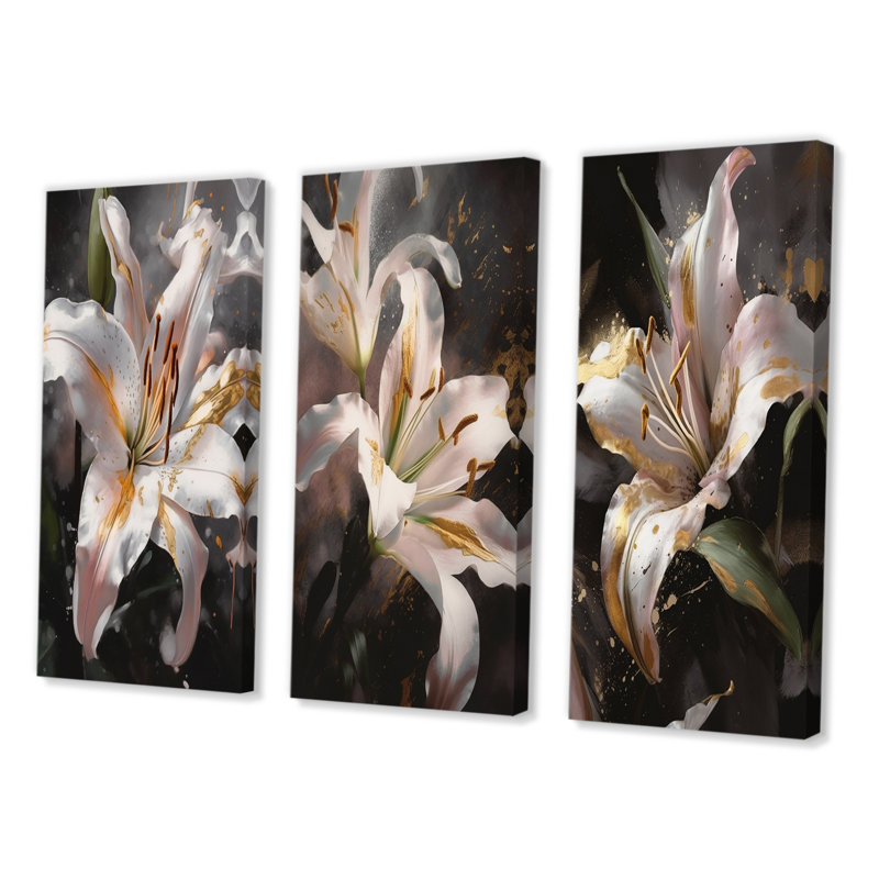 «White Graceful Lilies», 3 pièces, Toile tendue, H 40 po x l 60 po