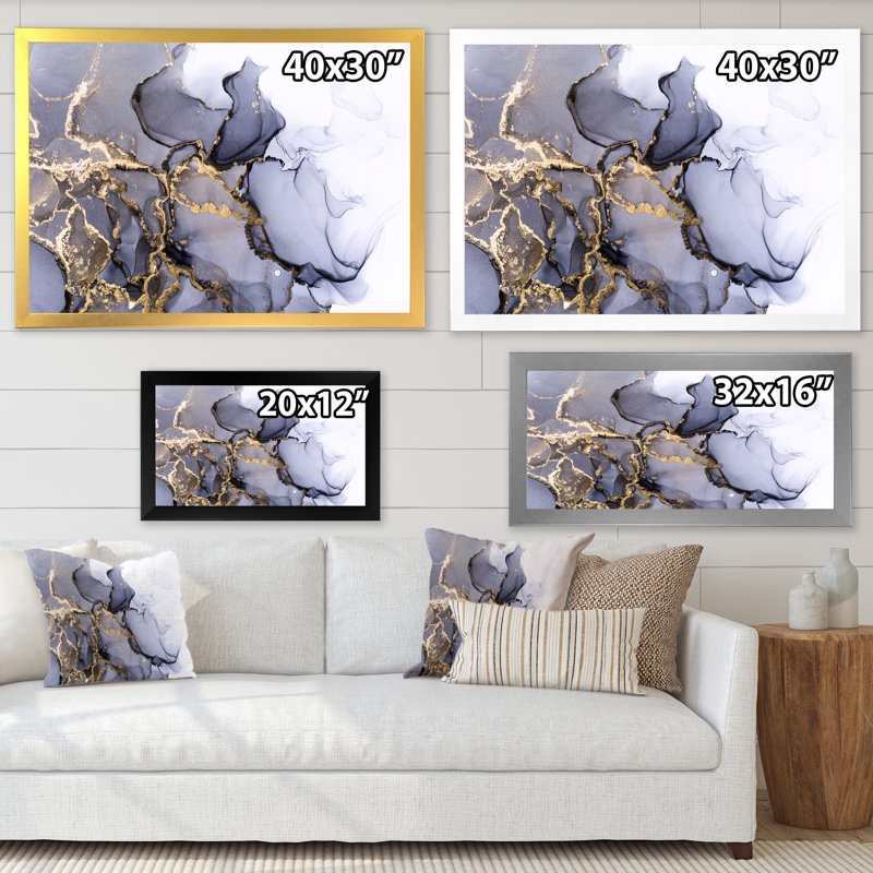 " Grey And Shiny Golden Alcohol Ink ", 16" H x 32" W, Silver Picture Framed