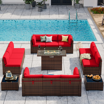 12 Person Outdoor Rattan Modular Sectional Seating Group with Firepit Table