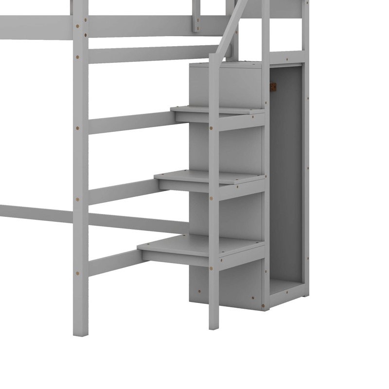 Lit mezzanine double avec garde-robe et escalier, gris
