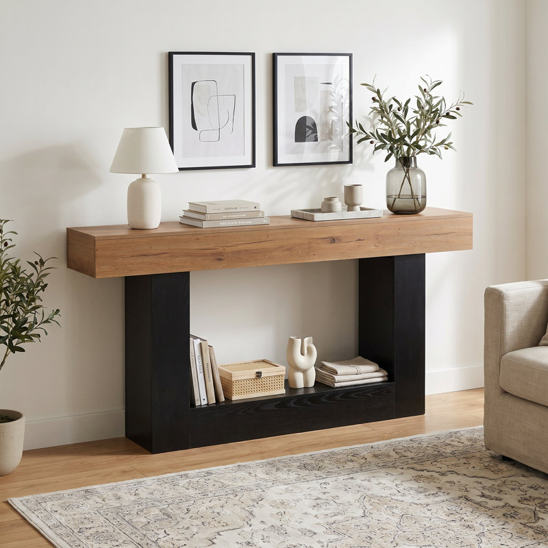 Console de 63 po de long, canapé de style campagnard, table d'entrée étroite à grain de bois chaud, Brun et noir, Noir