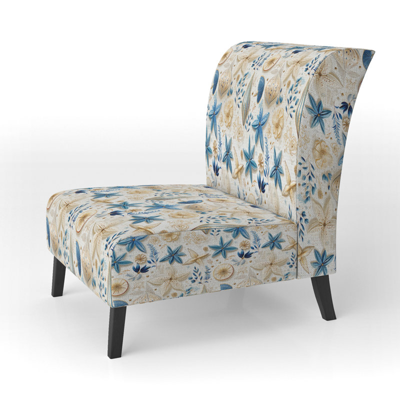 Blue and White Coastal Retreat Seashells - Fauteuil de chambre rembourré de style campagnard, fauteuil d'appoint floral rustique