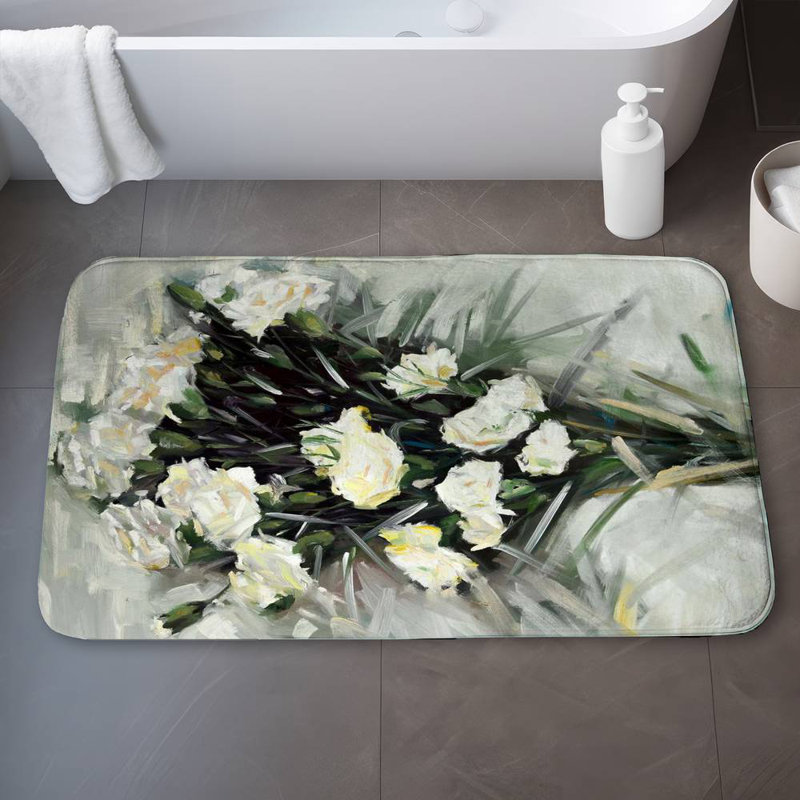 Lisianthus white bouquet Bath Mat with Non-Slip Backing - Quick Dry Memory Foam Bathroom Rug - Absorbent - Modern Plush Spa-Style - Machine Washable
