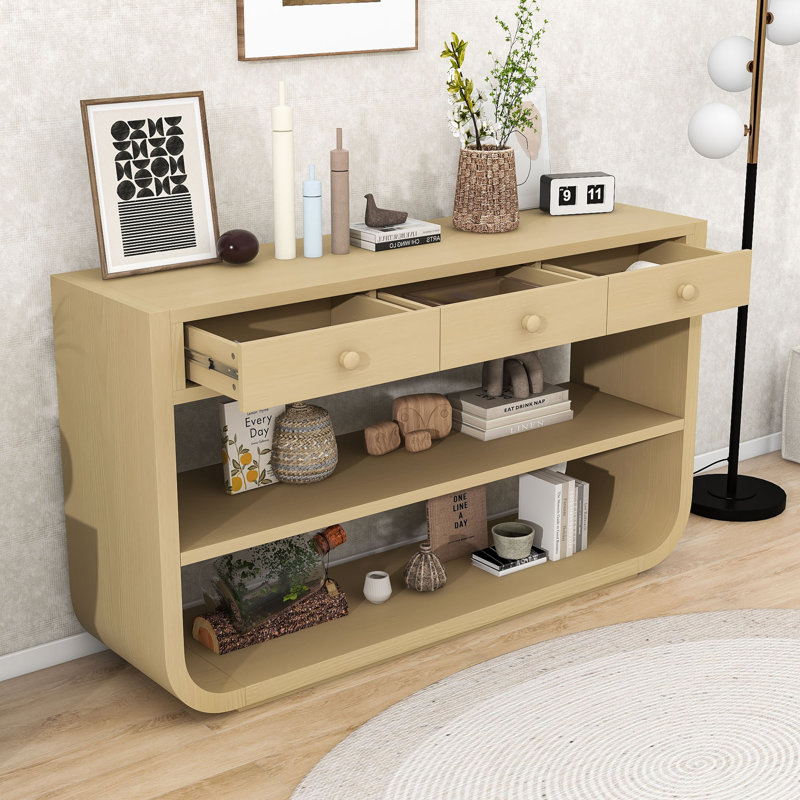 Console courbée avec lignes élégantes, tiroirs et tablette de rangement, Naturel