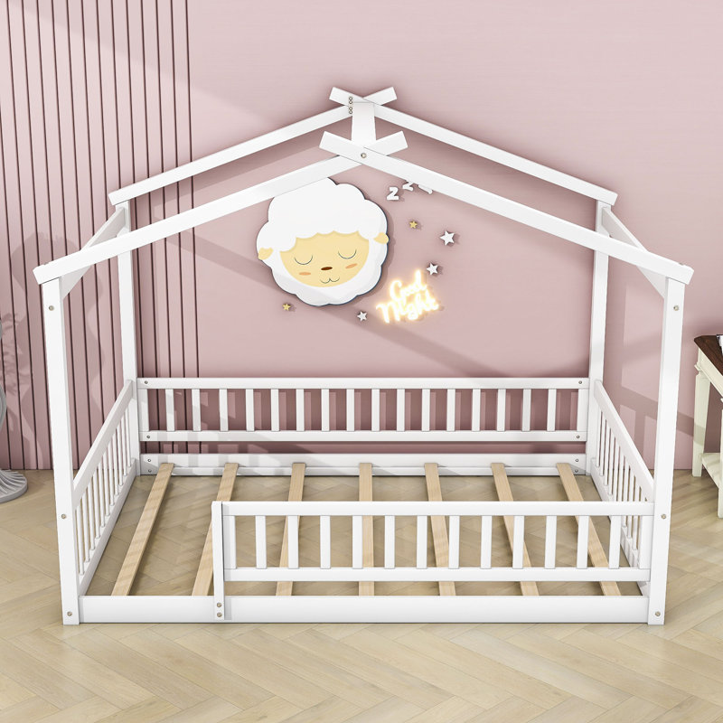 Hayti Wooden Platform Bed with Fence and Slats, Full, White