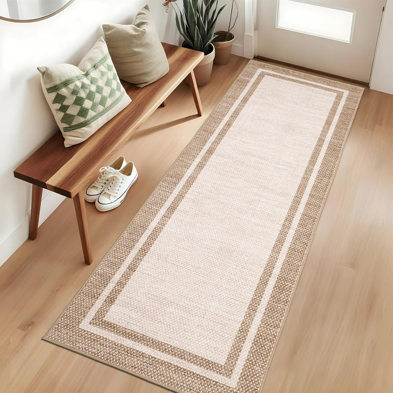 2x6 Washable Neutral Runner Rug – Minimalist Bordered Print, Non-Slip TPR Backing, Soft Thin Mat for Entryway, Kitchen (Black)