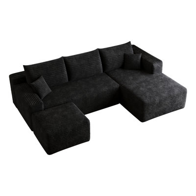 95" Cloud Sectional Sofa With 1 Ottoman,Modern Minimalist Upholstered Couches, Comfort U Shaped Sofa For Living Room,Deep Seat Corner Couch,No Assembly Required,Black (Plush Corduroy Fabric)