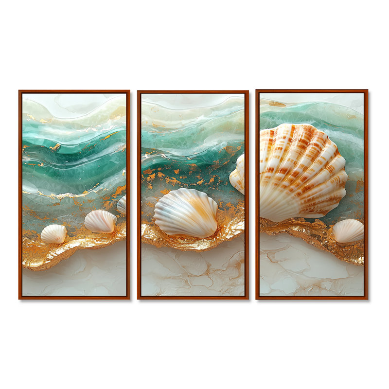 Coquillage et sable émeraude I - art mural côtier large - 3 panneaux, H 28 po x l 36 po, Brun