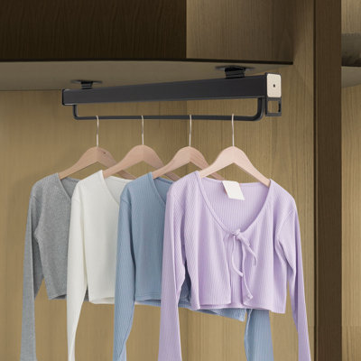 23.6" Pull Out Closet Rod, Top Mount Retractable Clothing Rail for Deep Cabinet, Black