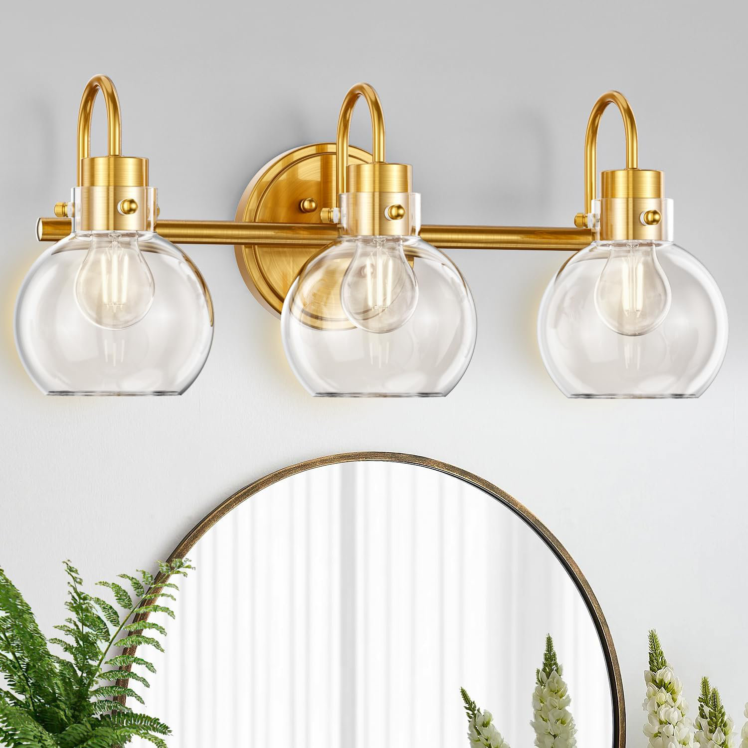 Image showcasing Mercer41 3-Light Vanity Light, Brushed Brass Bathroom Light Fixtures ...