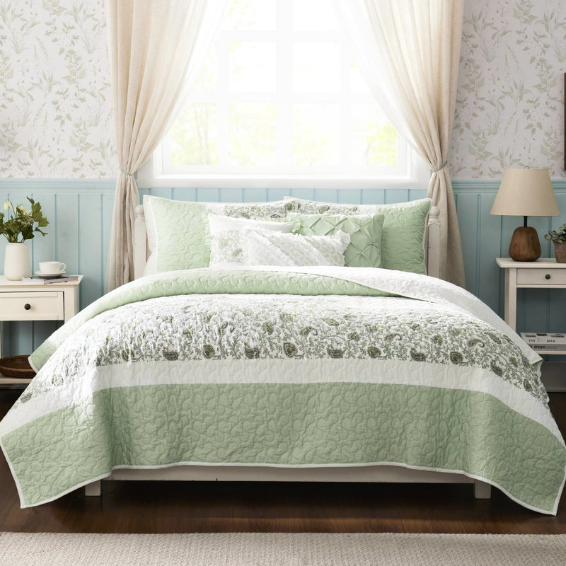 Courtepointe pour chambre à coucher Sage 6 - Double / grand, coton, literie respirante et douce 6 pièces avec coussins décoratifs, Ruching